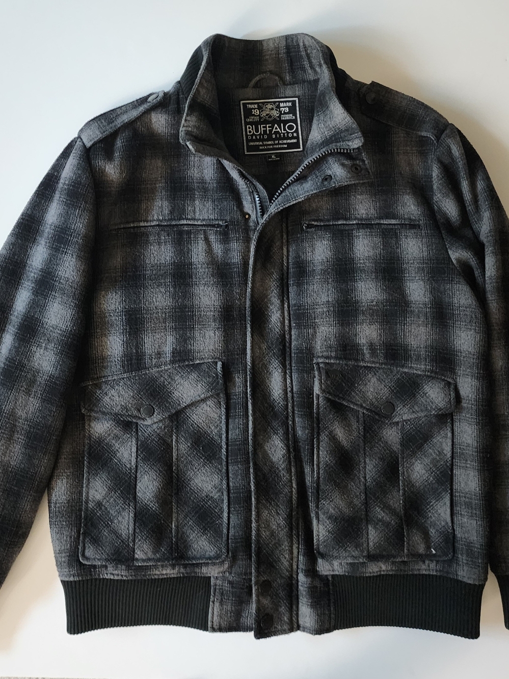 Buffalo David Bitton Gray Plaid Bomber Jacket wool mens size XL